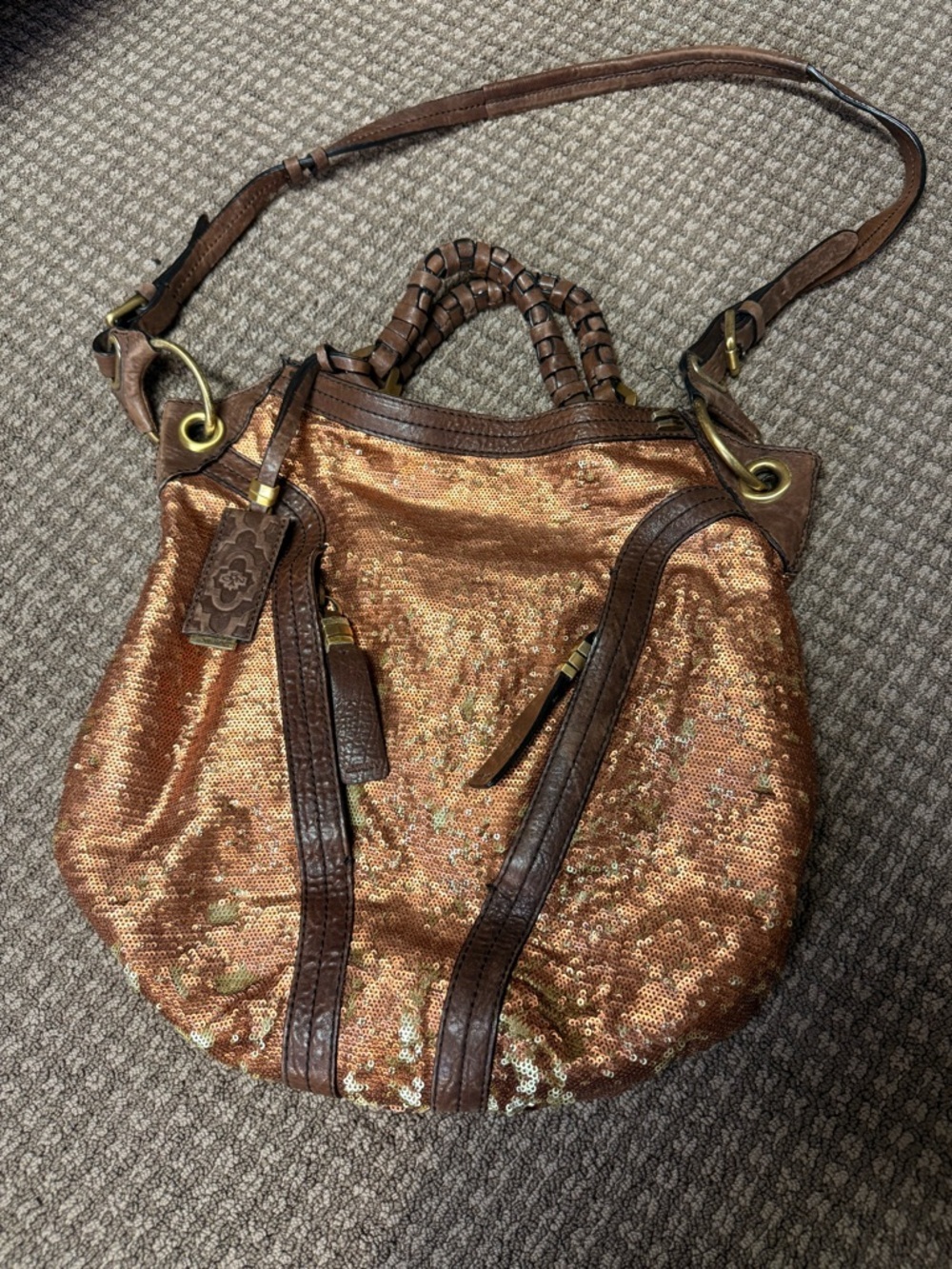 orYANY Copper Sequin Hobo with Brown Leather Trim